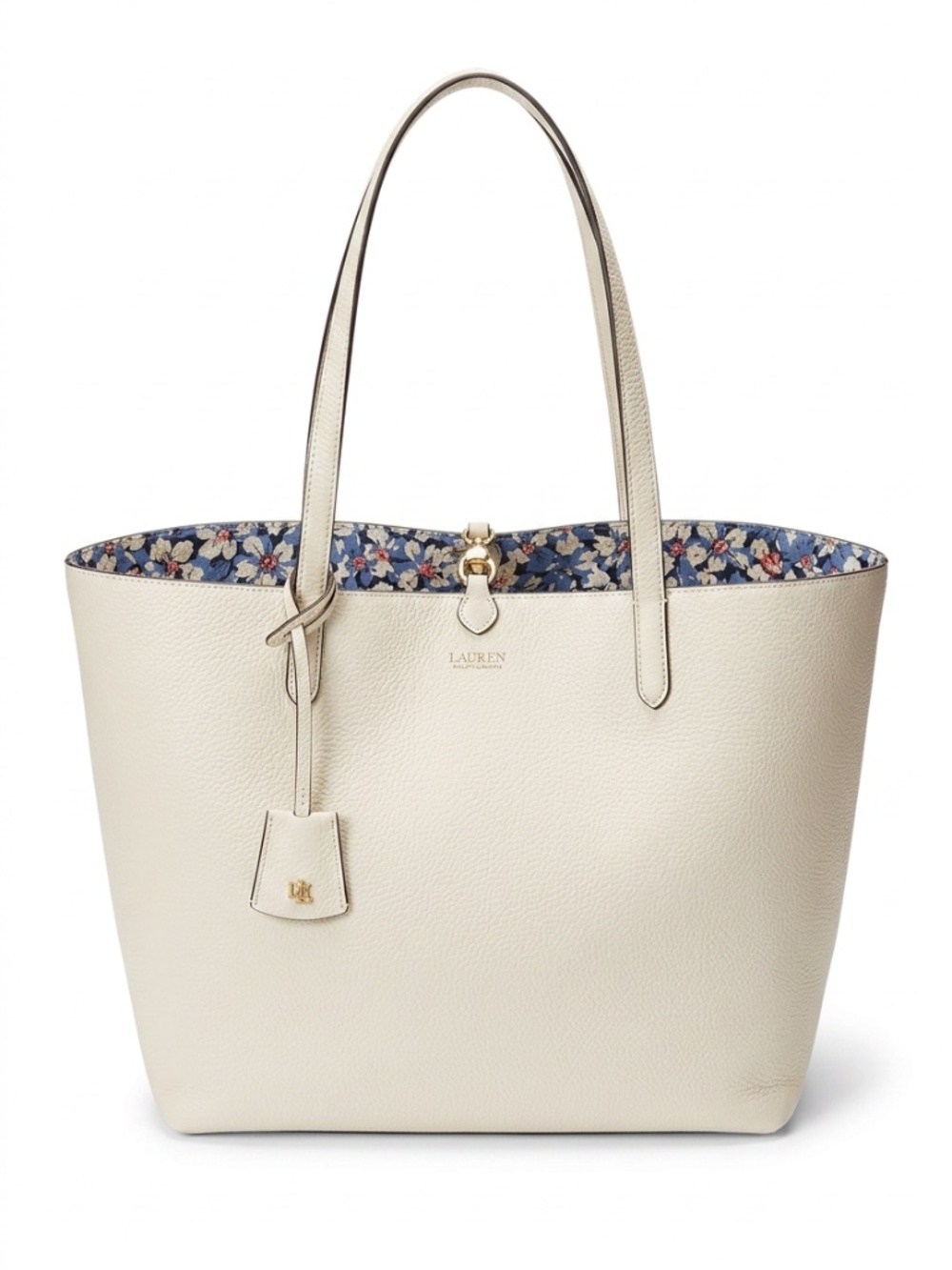 Lauren Ralph Lauren White Leather Tote Floral Lined  Bag w/ attached zip pouch